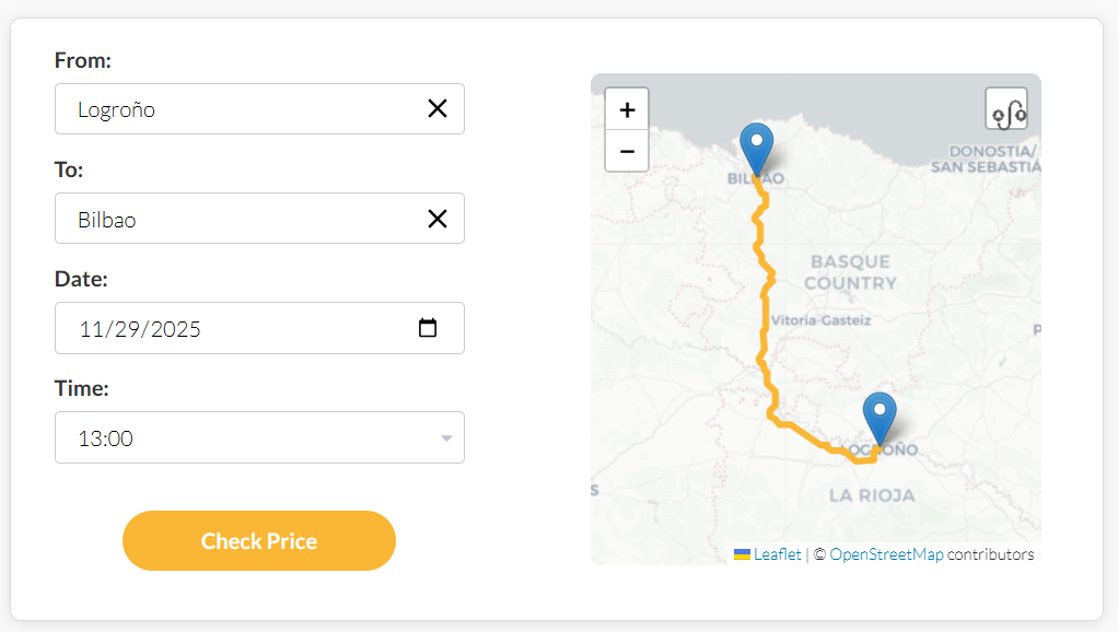 Interfaccia sistema di prenotazione taxi che mostra modulo di selezione rotta e mappa interattiva con funzionalità di prenotazione